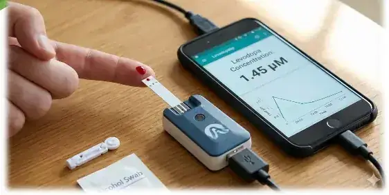 A finger-prick test in progress: a sensor strip is inserted into a small reader plugged into a smartphone, which displays a levodopa concentration reading.